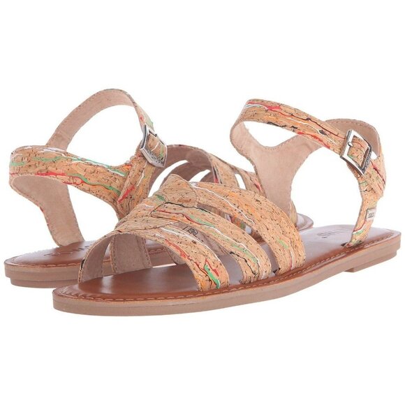 Toms Size 5.5 Zoe Cork Paint Splattered Flat Sandals Multi Color Ankle Strap - Picture 1 of 7